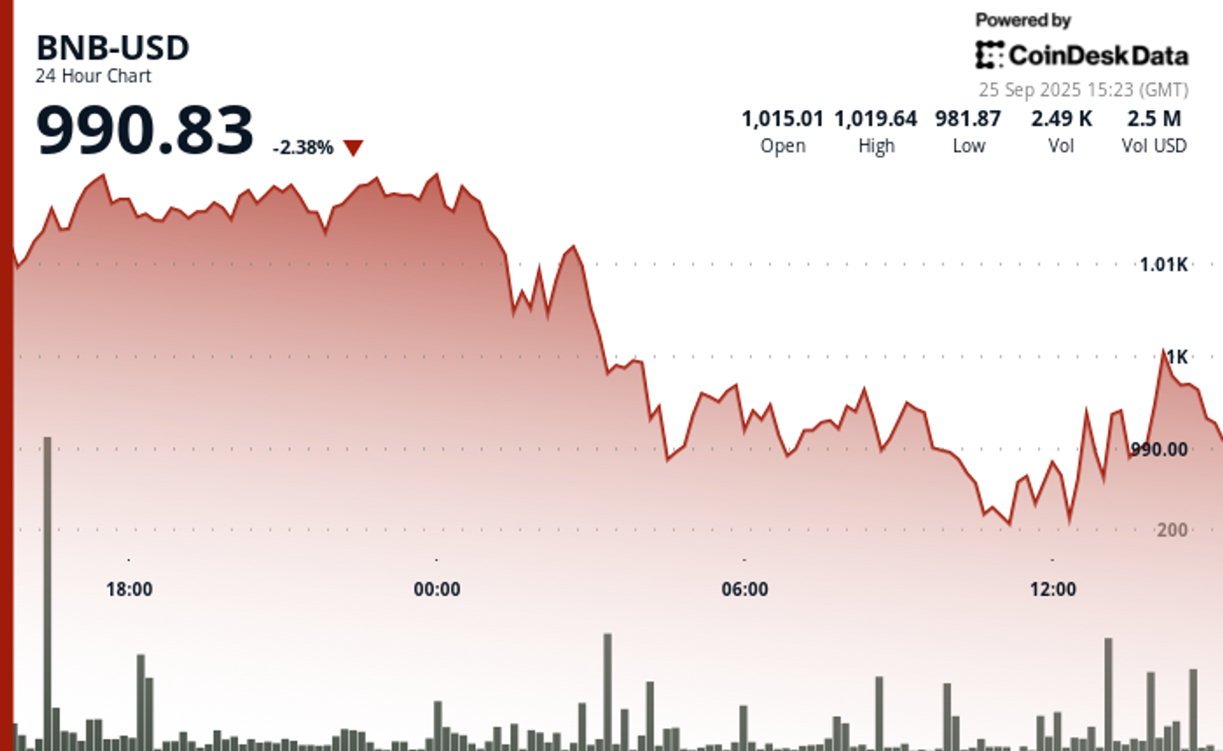 BNB Slips Below $1K as Crypto Market Drops, Fear Index Nears ‘Fear’