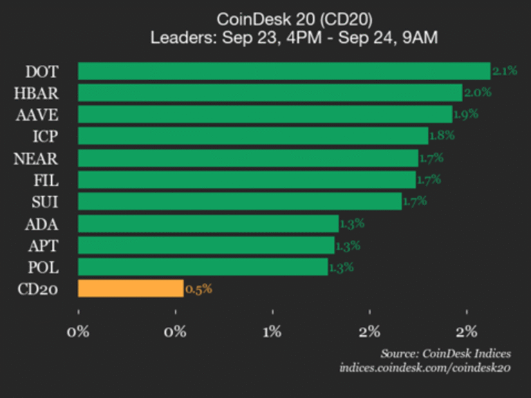 CoinDesk 20 Performance Update: Polkadot (DOT) Gains 2.1% as Index Moves Higher