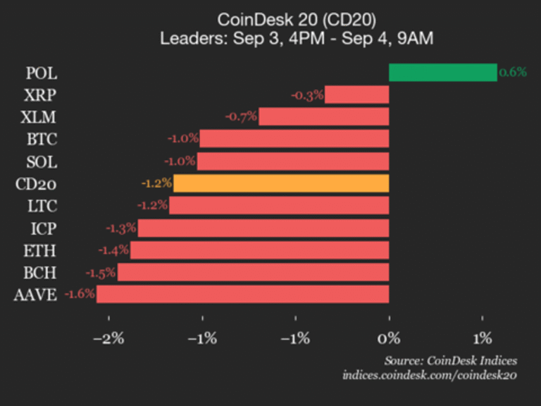 CoinDesk 20 Performance Update: Polygon (POL) Gains 0.6% as Nearly All Assets Decline