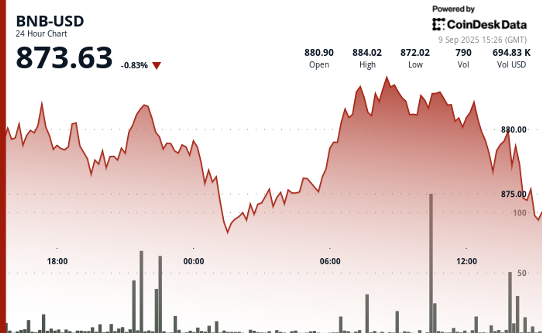 BNB Price Rise to $884 Short-Lived as Market Sell-Off Cuts Gains