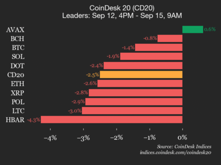 CoinDesk 20 Performance Update: Index Drops 2.5% as Nearly All Constituents Decline