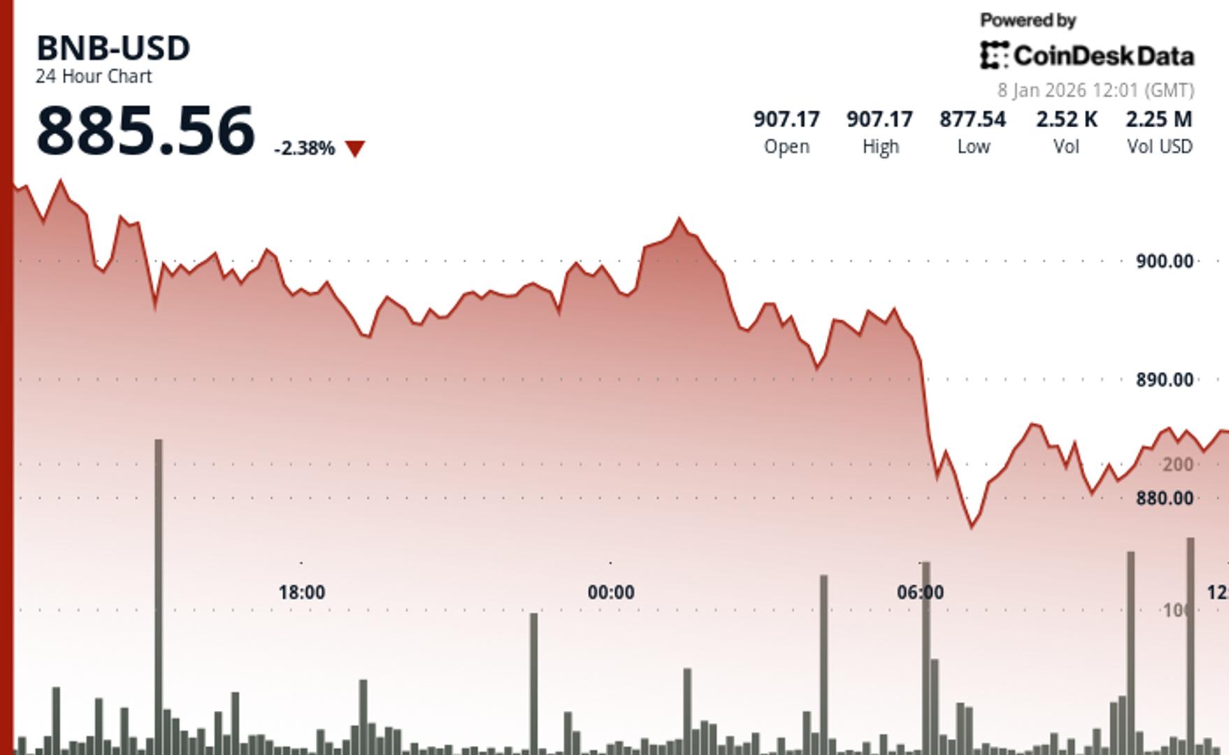 BNB falls below $885 as broader market pulls back and treasury tensions emerge