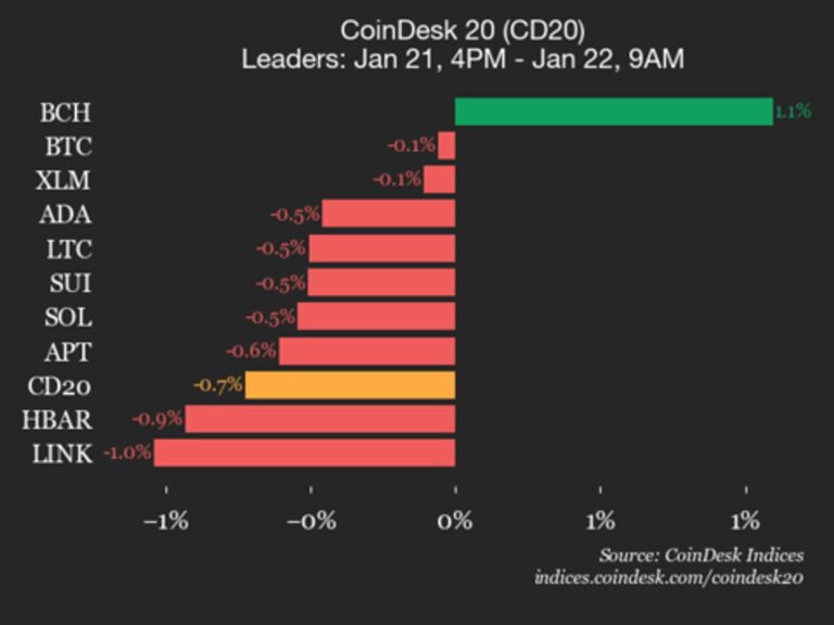 CoinDesk 20 Performance Update: Bitcoin Cash Gains 1.1% While Nearly All Assets Fall
