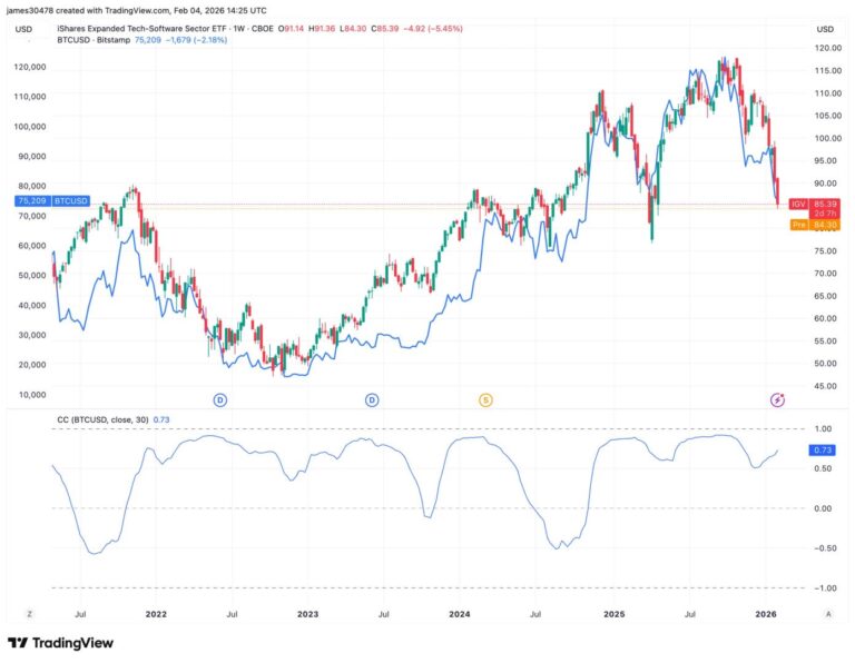 Bitcoin's correlation with troubled software stock sector is growing
