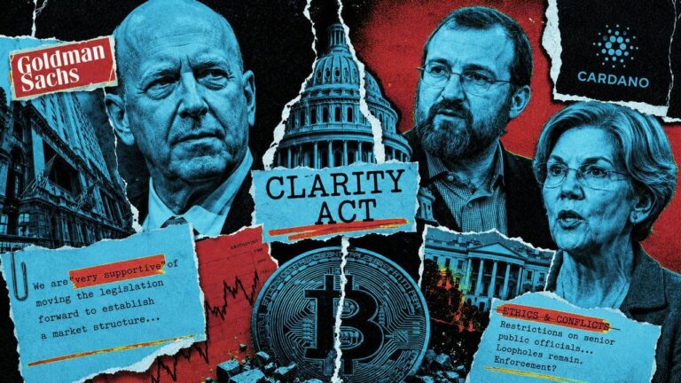 CLARITY Act splits Wall Street and crypto as Goldman Sachs breaks with banks and Charles Hoskinson backs Warren