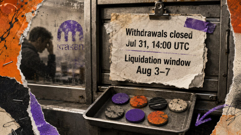 Kraken is force-selling 7 delisted tokens into dead markets, warning users insufficient liquidity could result in zero proceeds.